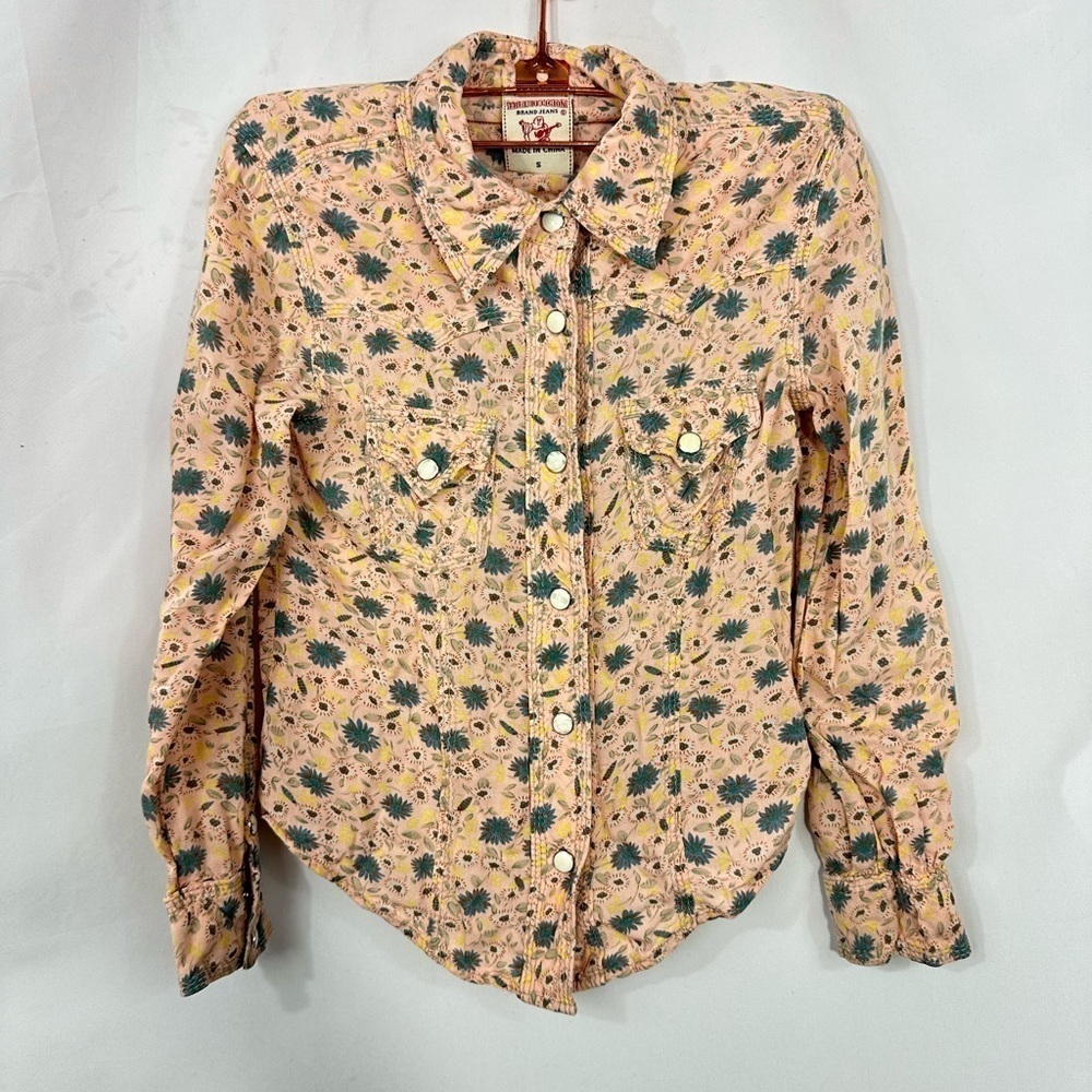 True Religion pink floral button down shirt size S